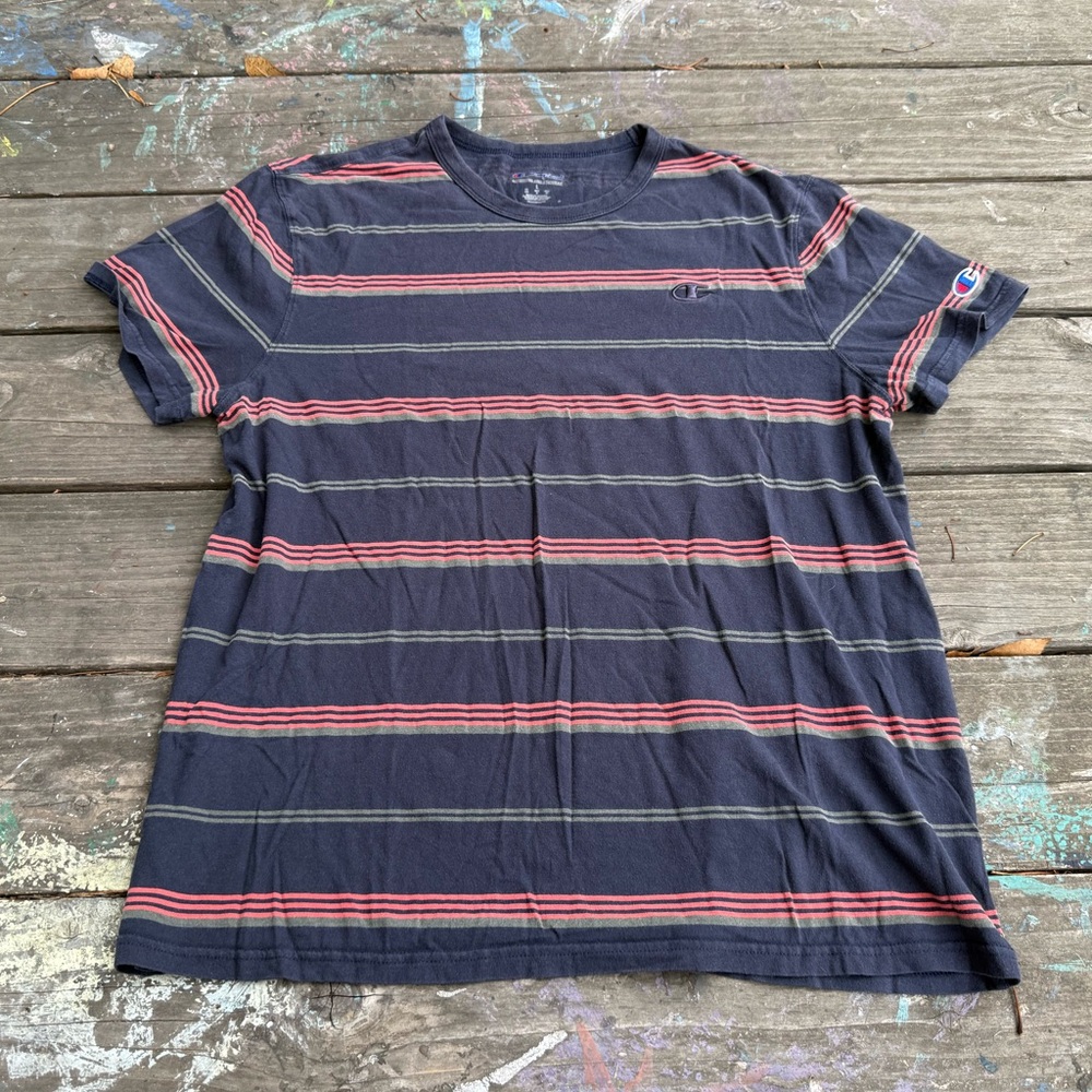 Champion Men's Navy T-Shirt with Red/Orange and Gray Stripes